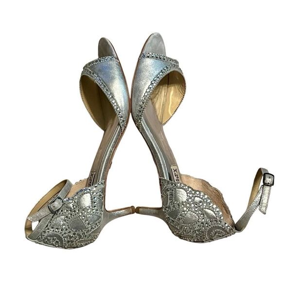 Badgley, Mishka sandal Silver Leather Bling Ankle Strap Kitten Heel 8 - Picture 9 of 12